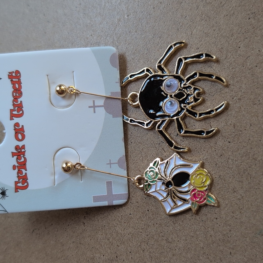 Halloween Gold Spider and Web Mismatch Earrings